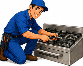 Ronnie's cartoon technician repairing a gas stove